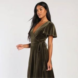 Memorable Romance Olive Green Velvet Maxi Wrap Dress